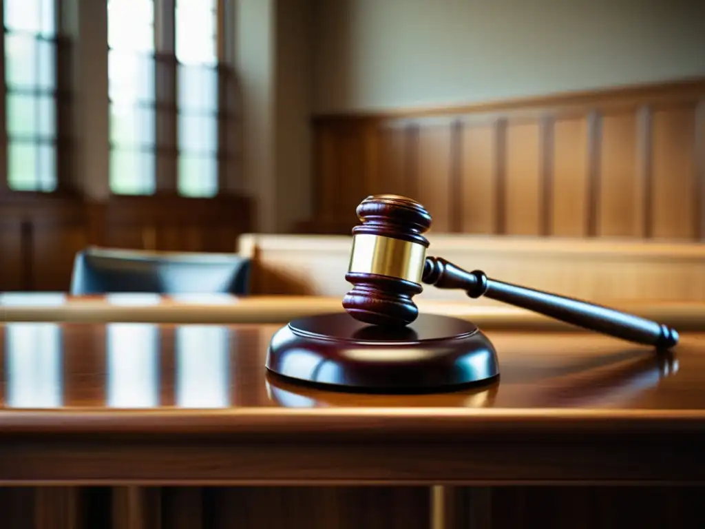 La solemnidad de la justicia: un gavel en la sala del tribunal Un juez descansa su martillo sobre un escritorio en una sala llena de luz natural, proyectando solemnidad y profesionalismo