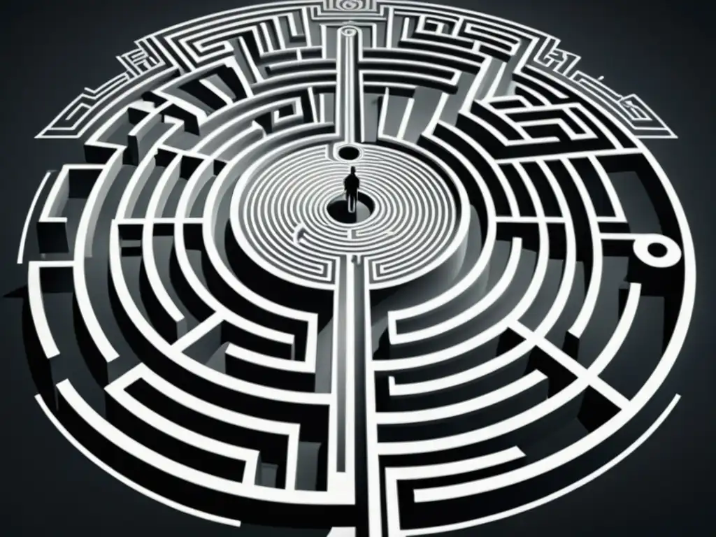 Laberinto en blanco y negro con símbolos en seguidores de secta