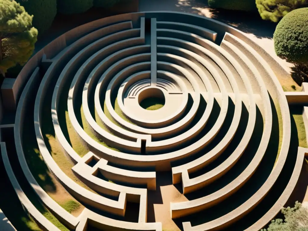 Un laberinto de piedra bañado por la luz del sol, con sombras alargadas