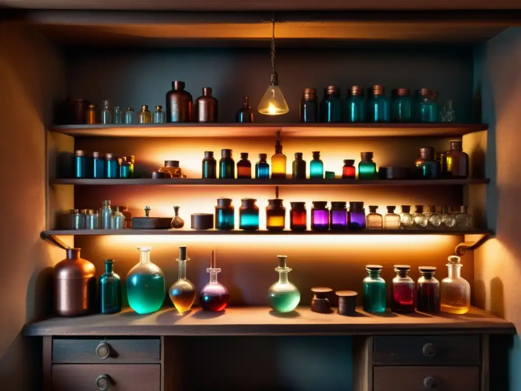 El laboratorio del alquimista: misterios y magia antigua Un laboratorio alquimista antiguo con frascos de líquidos coloridos, instrumentos de cobre y libros misteriosos