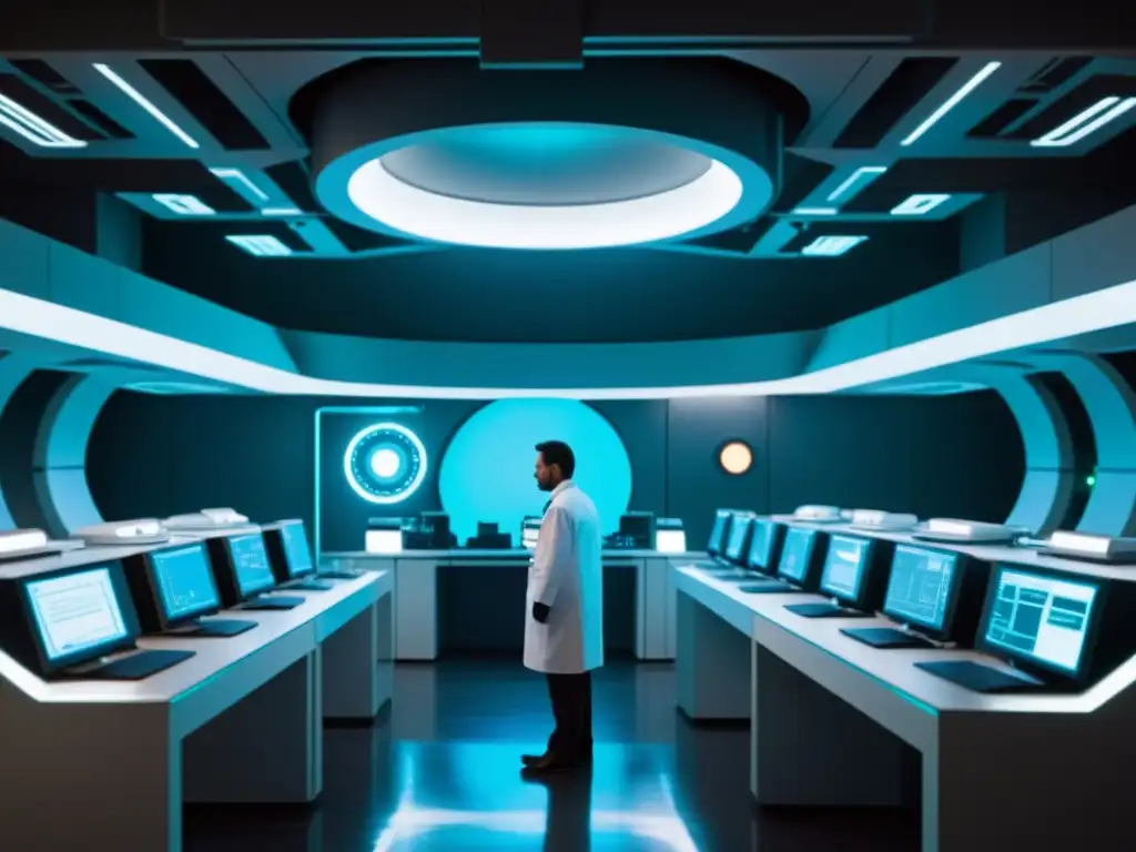 En un laboratorio subterráneo, científicos rodean un portal misterioso