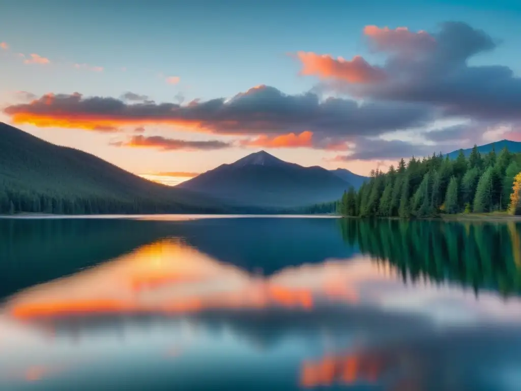 Atardecer sereno en lago: reflejos de la naturaleza Un lago sereno refleja los colores del atardecer