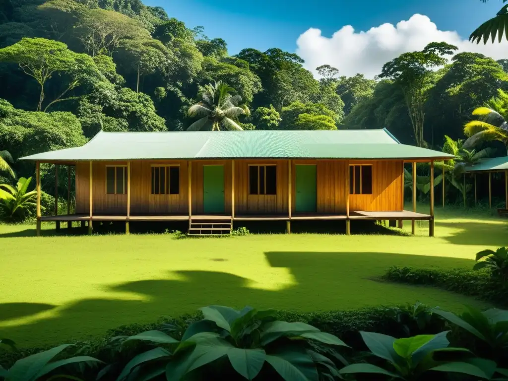 La belleza inquietante de Jonestown en la selva de Guyana Lecciones del Templo del Pueblo: Edificio de madera sencillo en la densa selva de Guyana, iluminado por la luz filtrada entre la frondosa vegetación