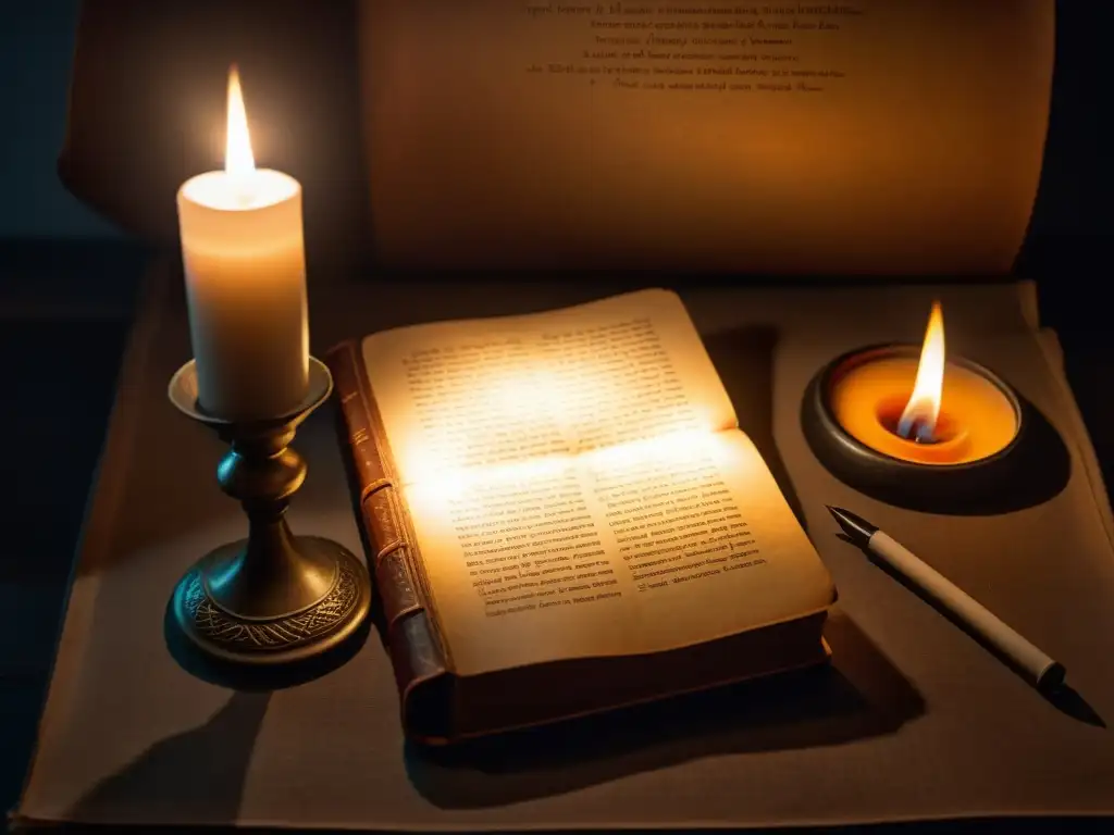 Testimonios misteriosos de los Nuevos Templarios Un libro antiguo iluminado por una vela titilante en una habitación tenue, evocando misterio y testimonios de los Nuevos Templarios
