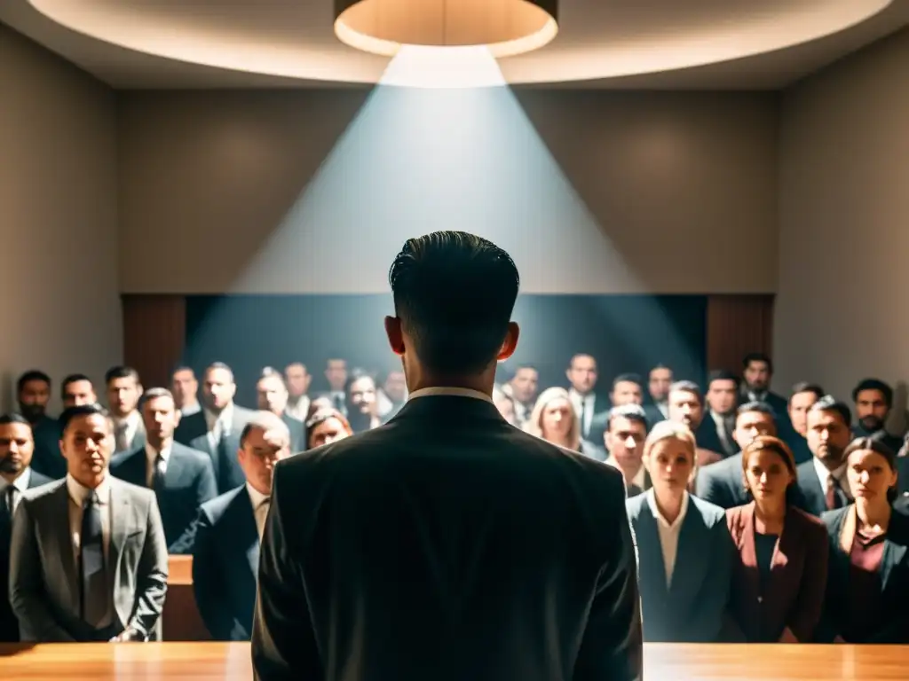 Un líder carismático en el centro de una habitación tenue, rodeado de seguidores devotos