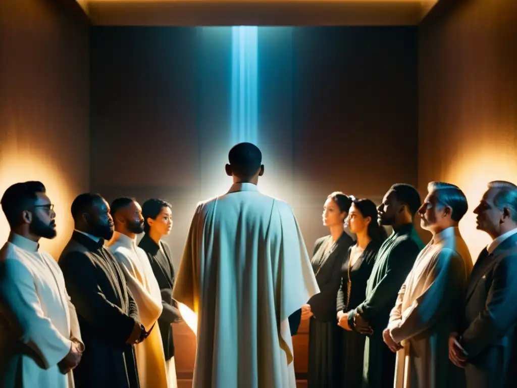 Un líder carismático en un cuarto tenue, rodeado de seguidores atentos