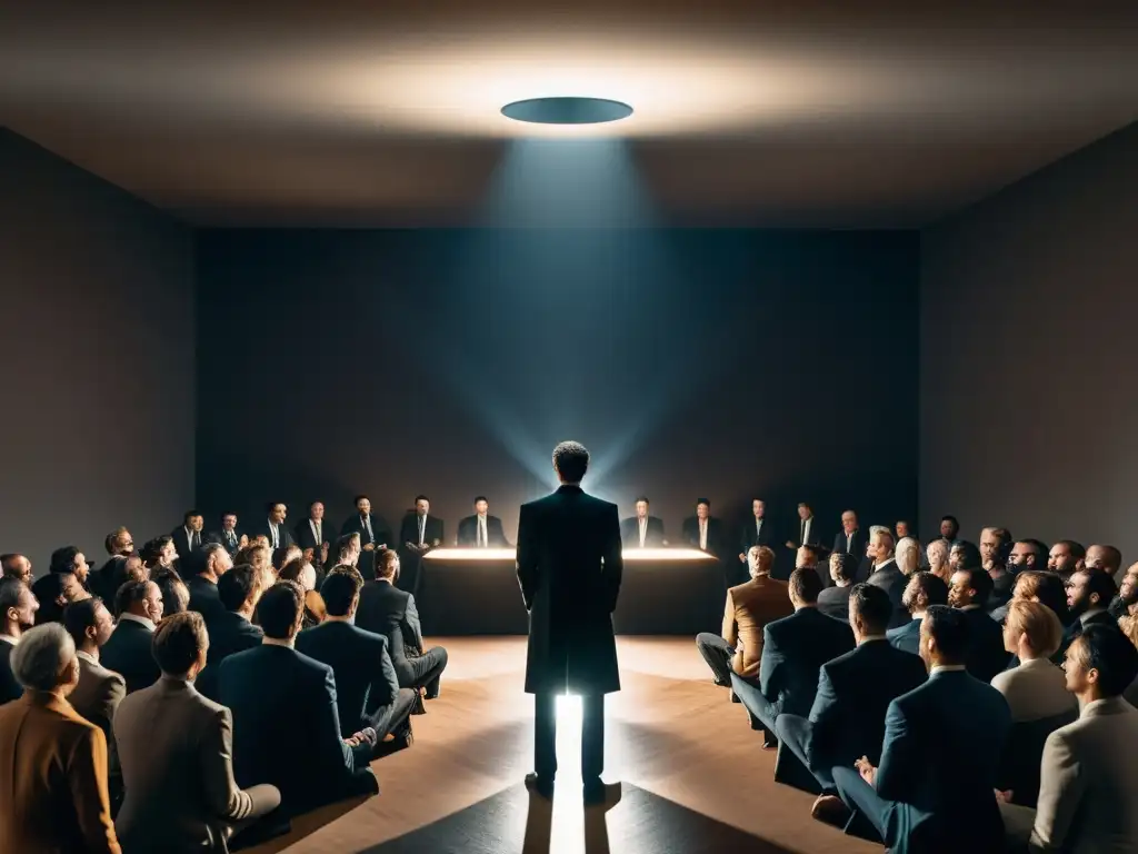 Un líder carismático de culto moderno, rodeado de seguidores devotos, iluminado por un foco en una habitación minimalista