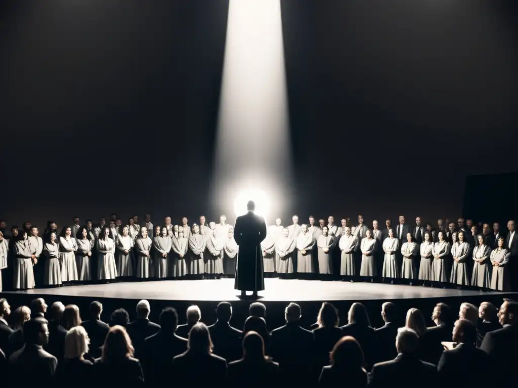 Un líder carismático en un escenario oscuro rodeado de seguidores en blanco y negro
