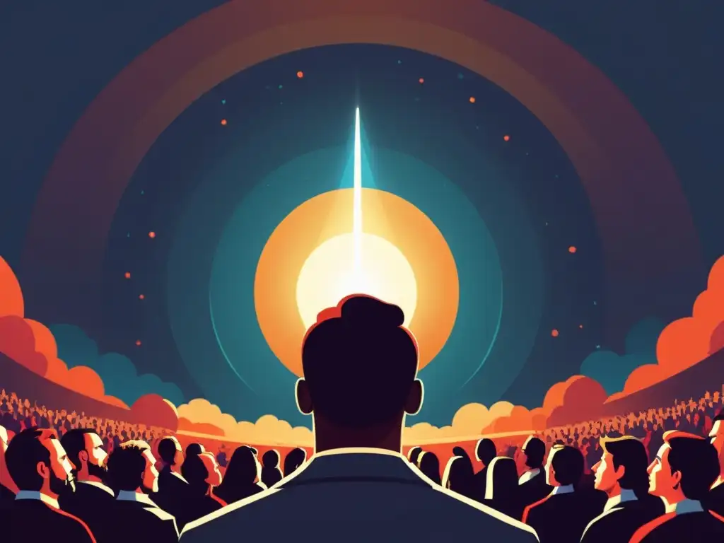 Un líder carismático con halo de luz, rodeado de seguidores devotos