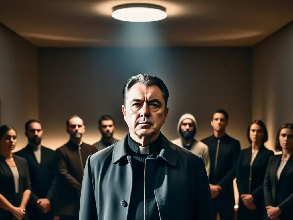 Un líder carismático ejerce manipulaciones psicológicas en cultos, con seguidores pendientes de sus palabras en una atmósfera inquietante