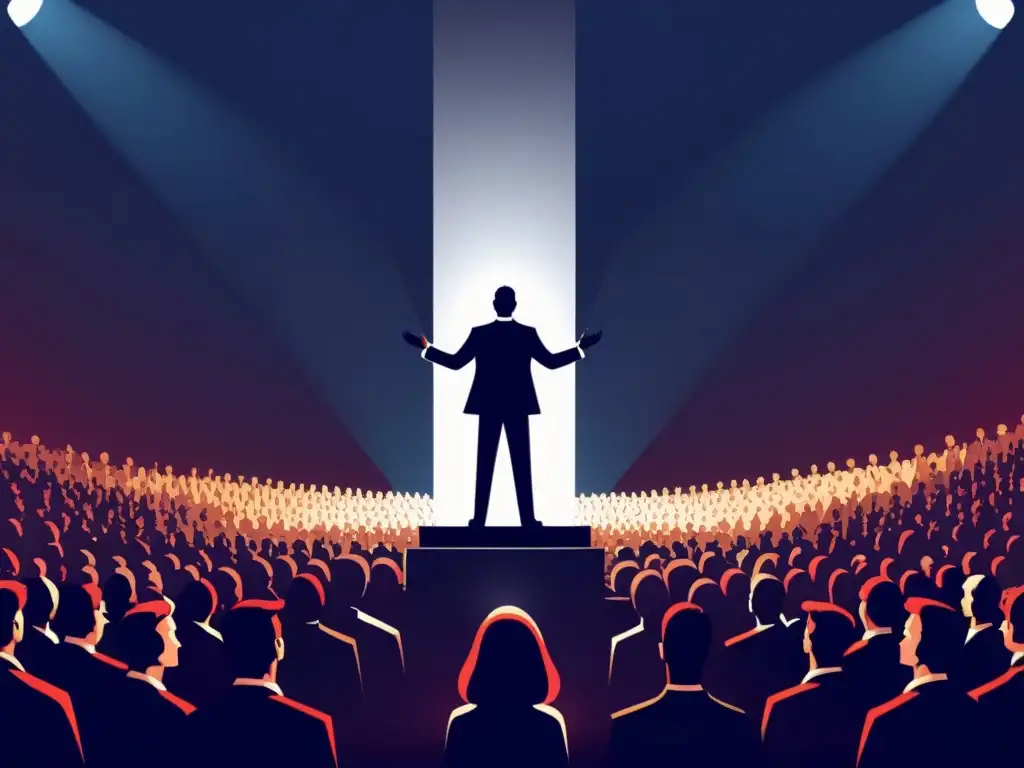 Un líder carismático manipula sutilmente a la multitud con gestos persuasivos y contacto visual intenso