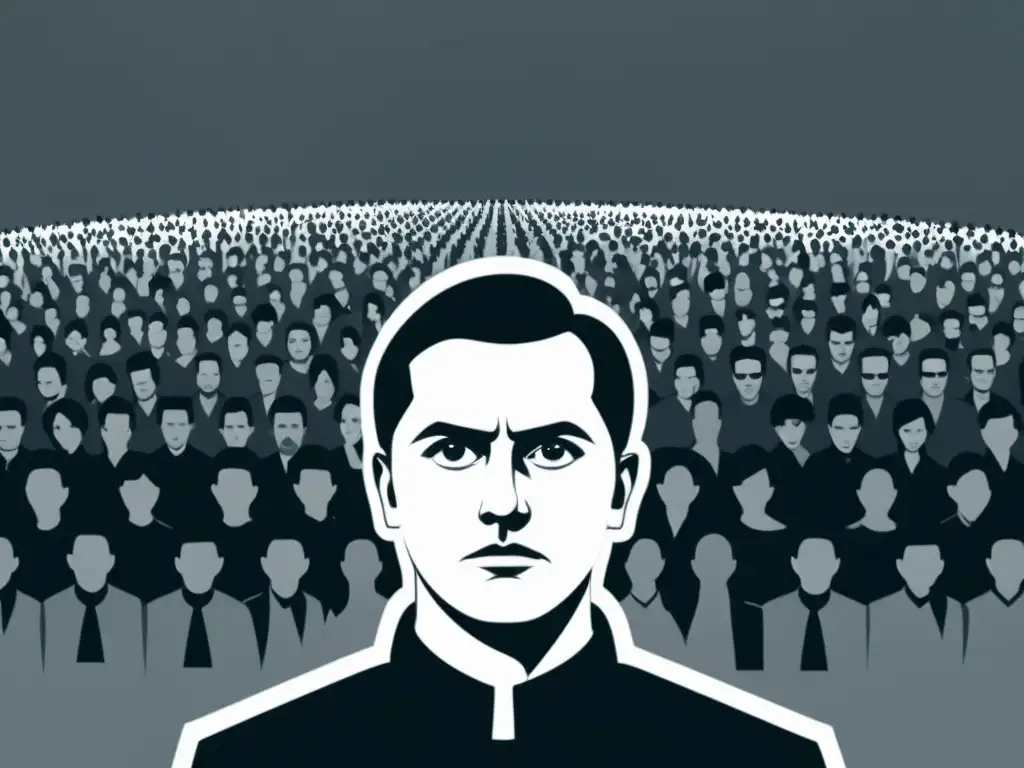 Un líder carismático hipnotiza a la multitud con su mirada, reflejando la manipulación psicológica en cultos carismáticos