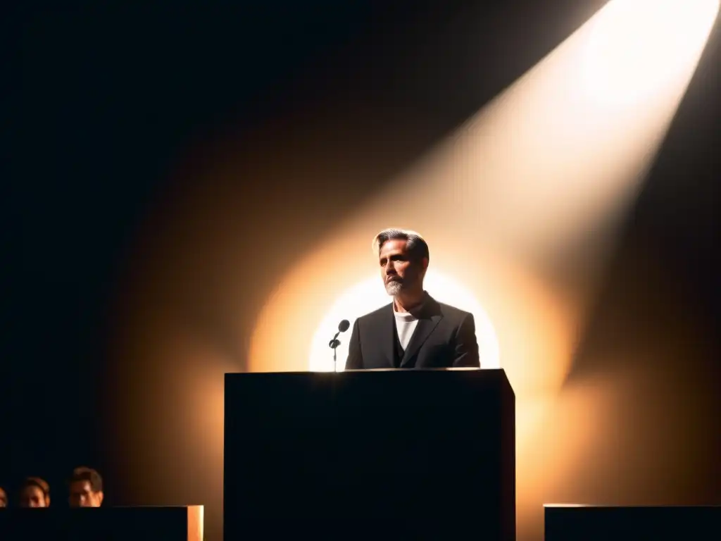 Un líder carismático destaca en un púlpito, bañado en luz suave