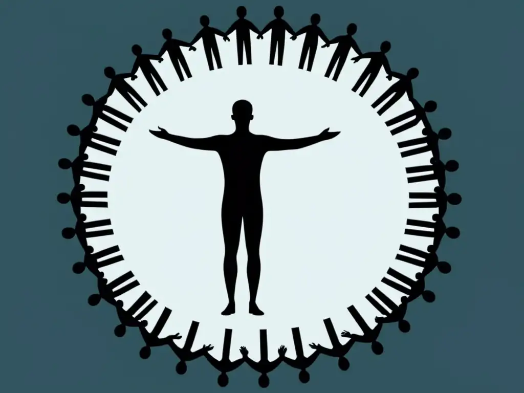 Un líder carismático rodeado de seguidores con rostros sin emoción, representa la manipulación psicológica en cultos