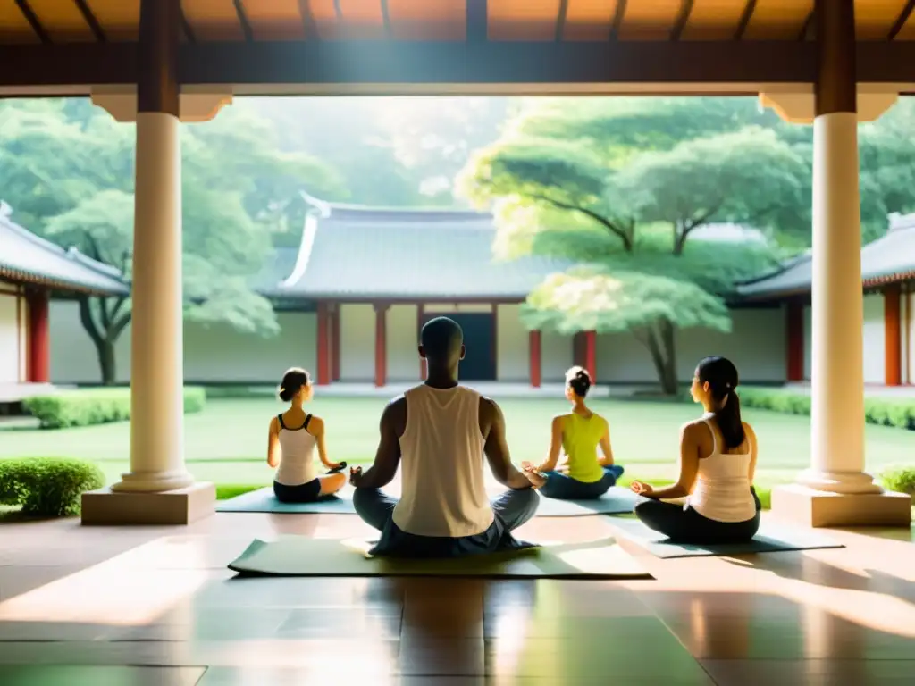 Un líder carismático guía a seguidores de secta en meditación en un tranquilo templo iluminado por el sol