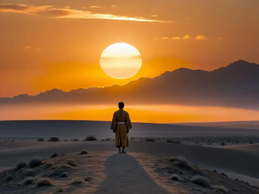 Un líder espiritual contempla el horizonte en un paisaje desolado al atardecer