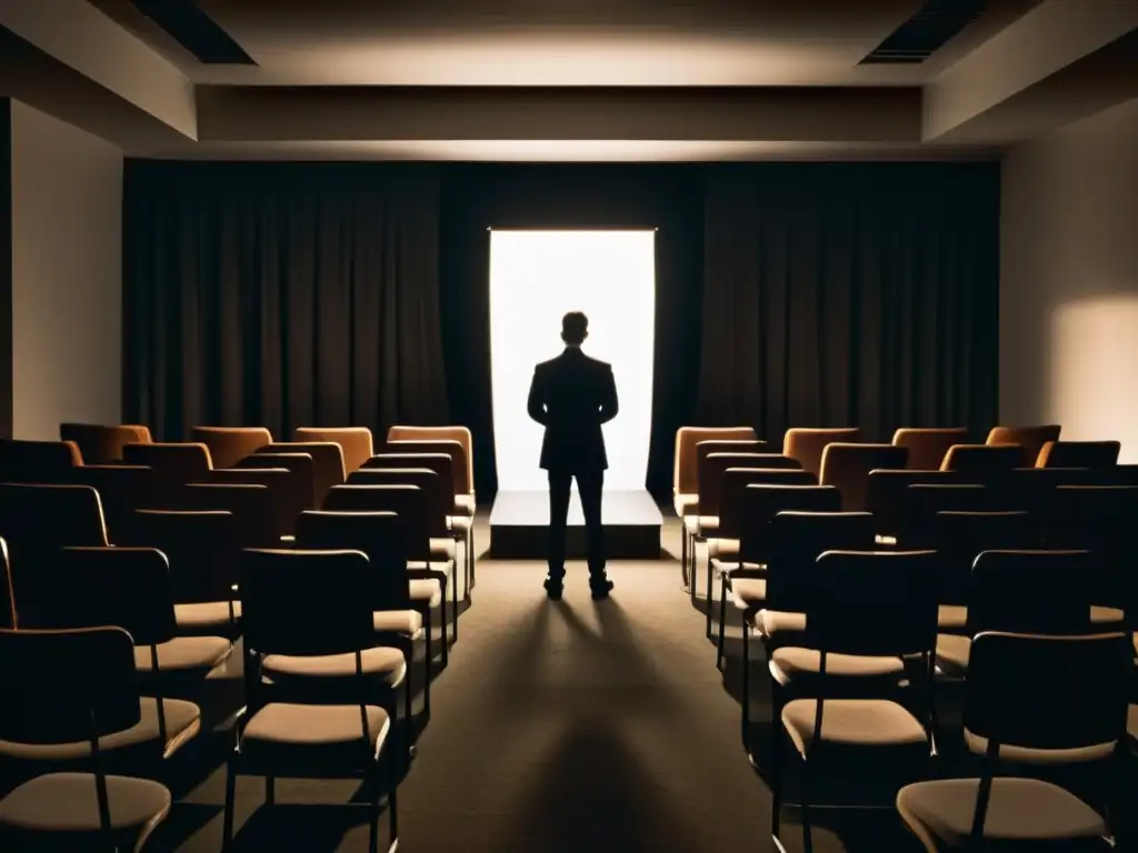Un líder en la penumbra dirige un culto en una sala vacía