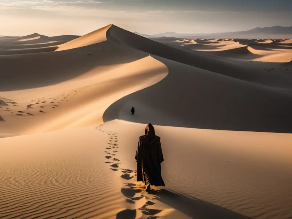 Un líder solitario se encuentra en el centro de un vasto y árido desierto, con seguidores en la distancia