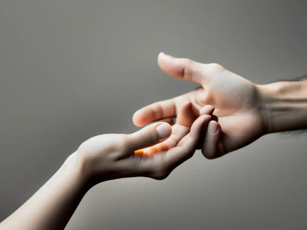 Una mano se extiende para ayudar a otra, transmitiendo apoyo y rescate, con elementos digitales sutiles