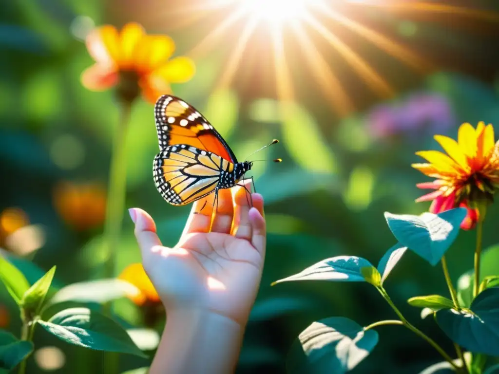Niño tocando mariposa en flor bajo la luz del sol Mano de niño toca mariposa en flor brillante, con luz cálida