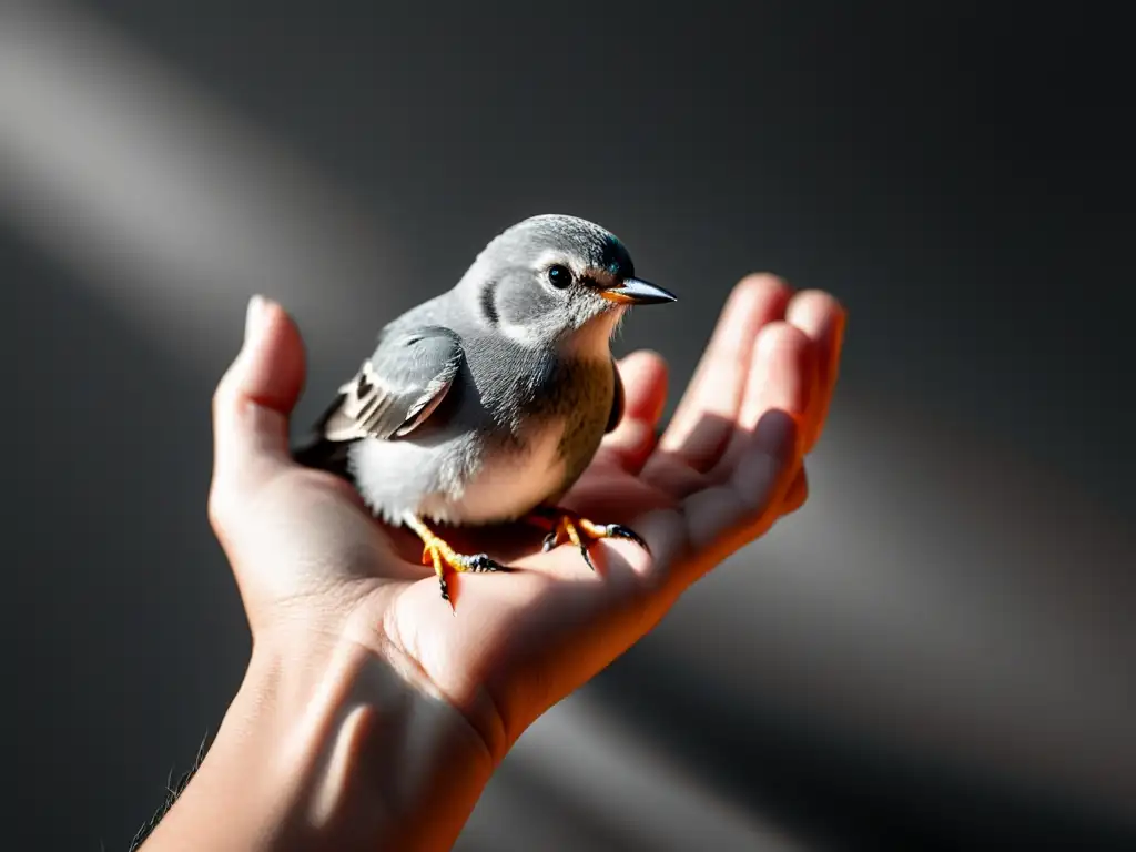 Mano sostiene delicadamente un pájaro: esperanza y compasión Una mano sujeta con ternura a un frágil pájaro, con luz filtrándose entre los dedos