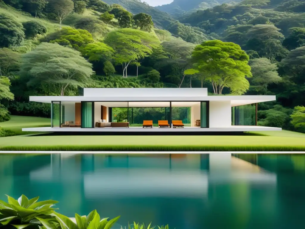 Refugio sereno en valle verde: arquitectura moderna y paisaje tranquilo Una mansión moderna y serena en un valle exuberante, reflejando tranquilidad