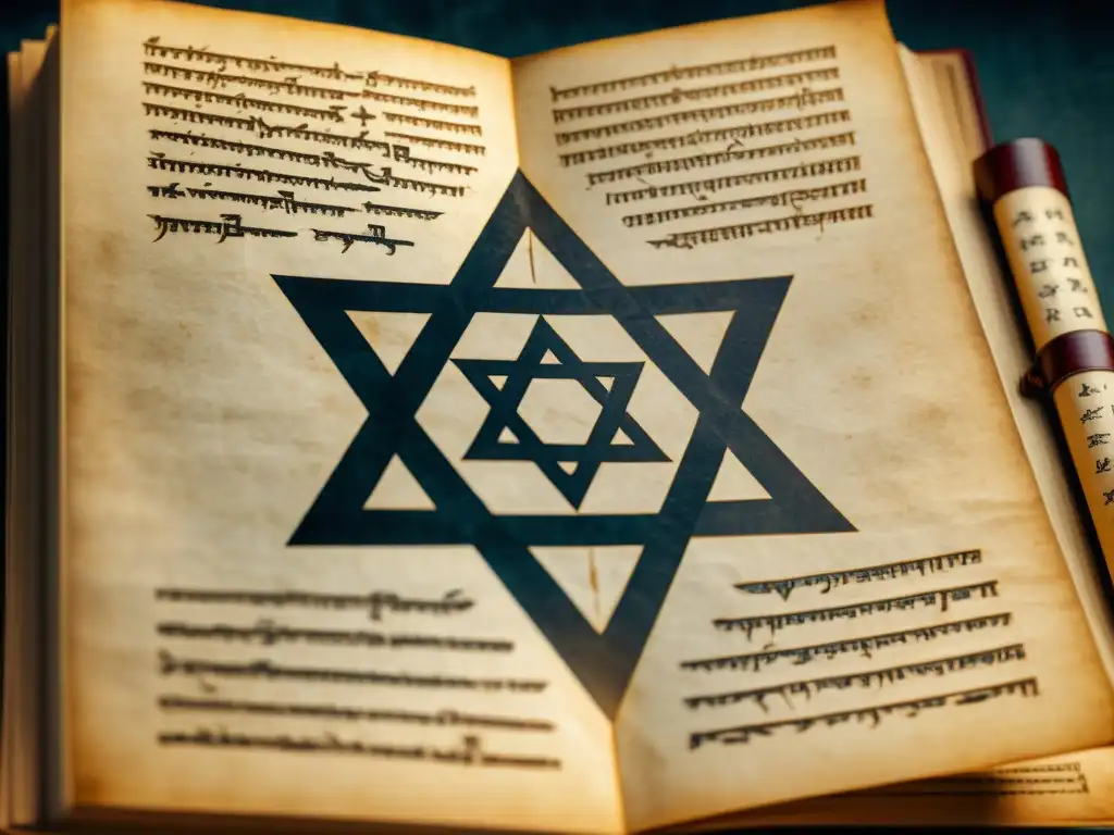 Manuscrito antiguo con el símbolo del hexagrama rodeado de símbolos esotéricos y alquímicos, perfecto para el uso mágico en cultos