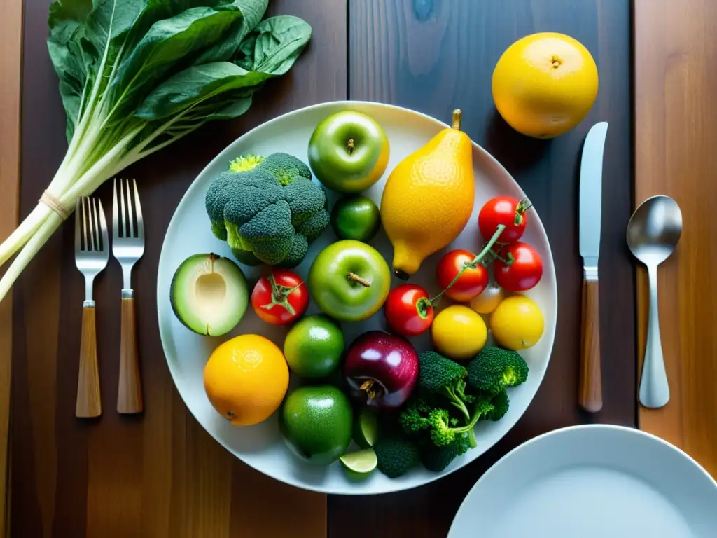 Una mesa de madera con una variedad de frutas y verduras, resaltando su belleza natural