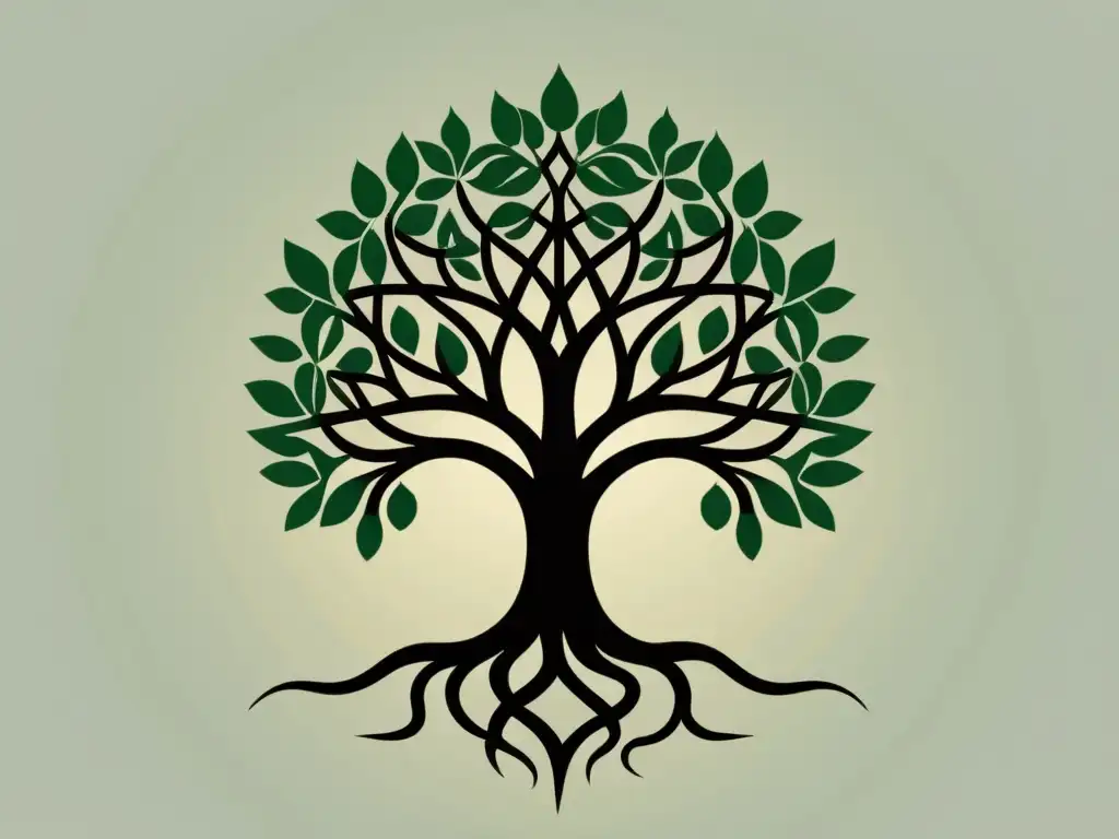 Minimalista ilustración de un árbol con raíces entrelazadas, simbolizando la interconexión entre religiones establecidas y sectas