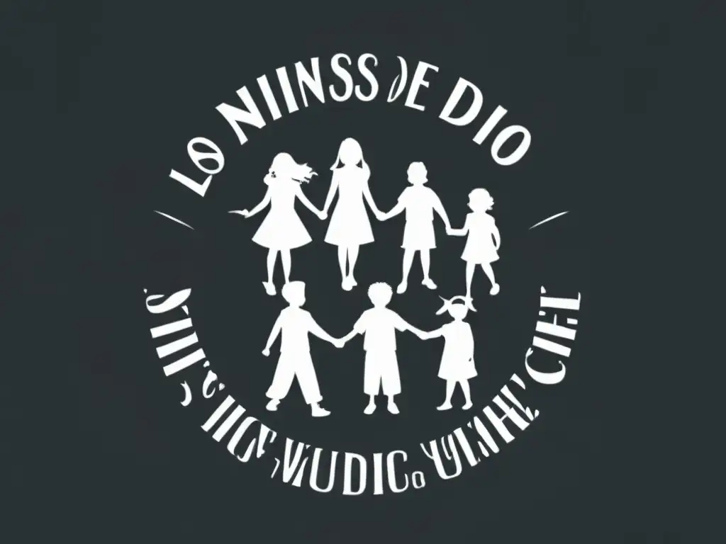 Unidad celestial: Los Niños de Dios Ilustración minimalista en blanco y negro de niños unidos en círculo con la frase 'Los Niños de Dios' escrita arriba