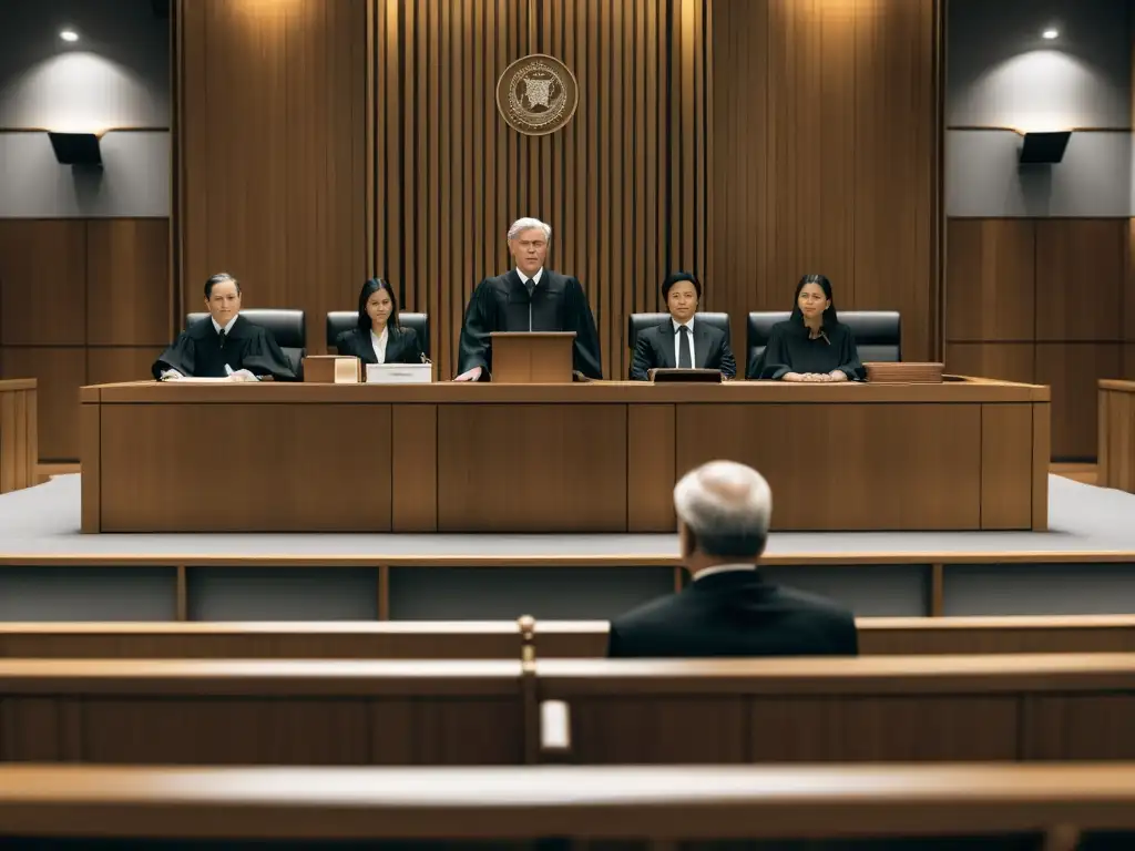 Escena judicial contra culto: determinación y justicia Ilustración minimalista en blanco y negro de una escena en la corte con un juez presidiendo un caso