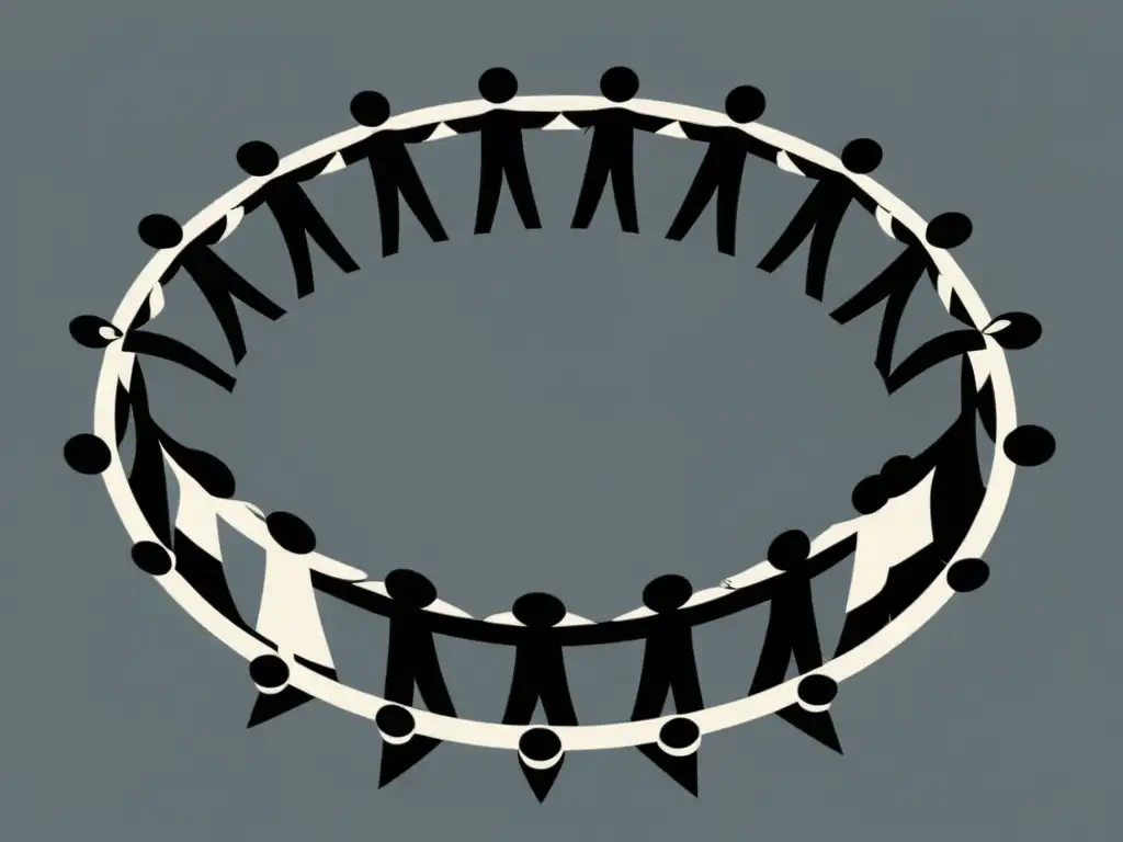 Ritual de tensión: ilustración minimalista en blanco y negro Ilustración minimalista en blanco y negro de un grupo de personas en círculo con los brazos extendidos hacia el centro