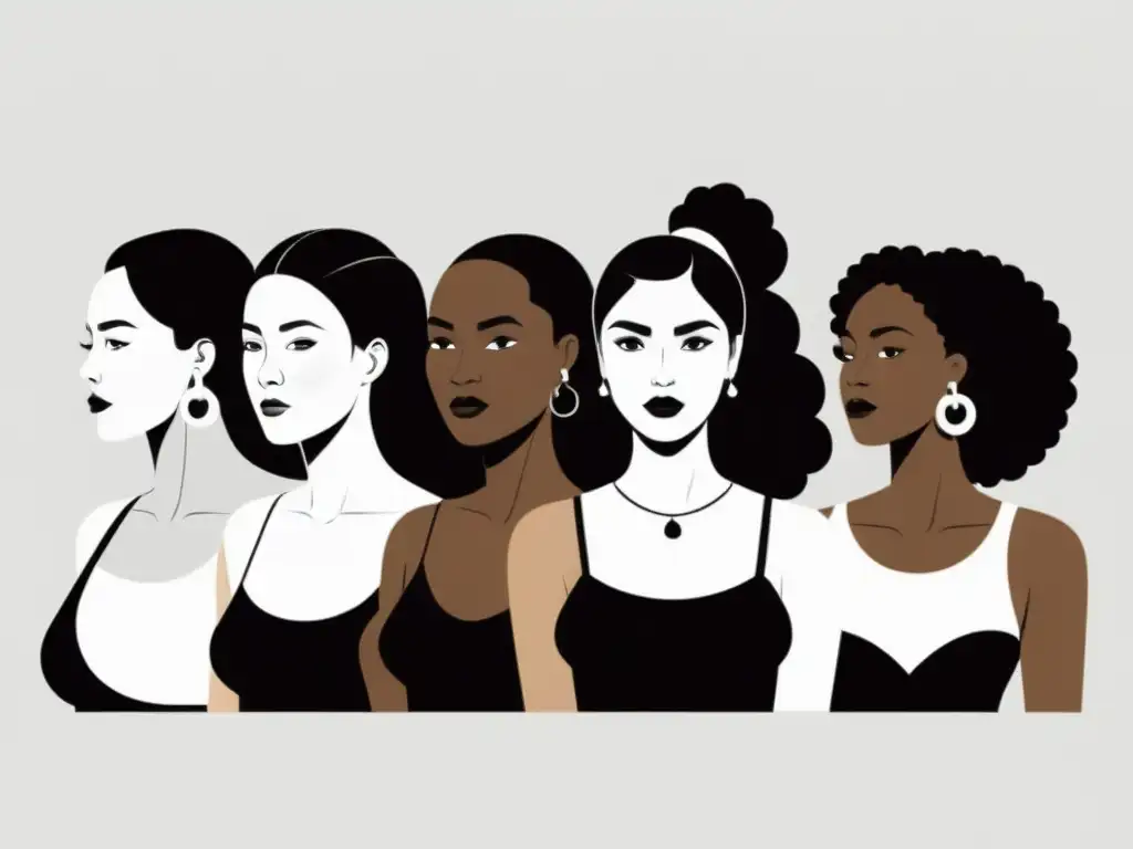 Empoderamiento femenino: diversidad y unidad Ilustración minimalista en blanco y negro de mujeres diversas, representando fuerza, unidad y diversidad en el rol de género en sectas