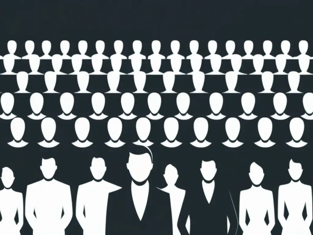 Ilustración minimalista en blanco y negro de una persona luchando por liberarse en medio de una multitud con máscaras blancas idénticas, simbolizando la manipulación psicológica en cultos