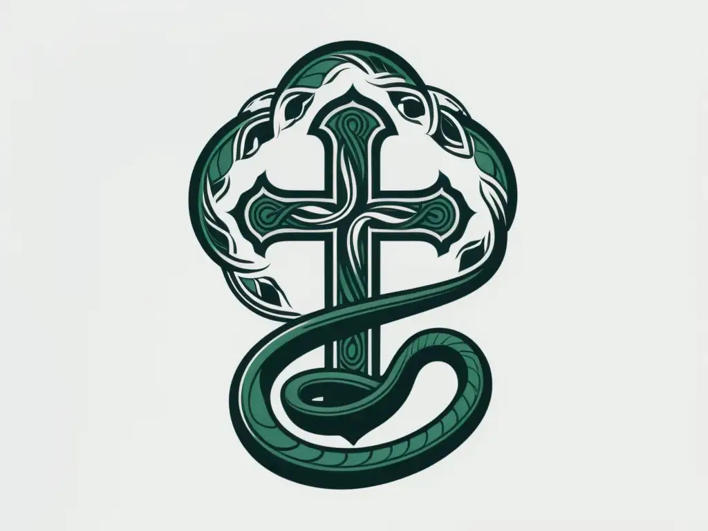 Serpiente y Cruz: Ilustración Minimalista Ilustración minimalista de una cruz y una serpiente entrelazadas, con detalles intrincados y sombreado sutil en fondo blanco
