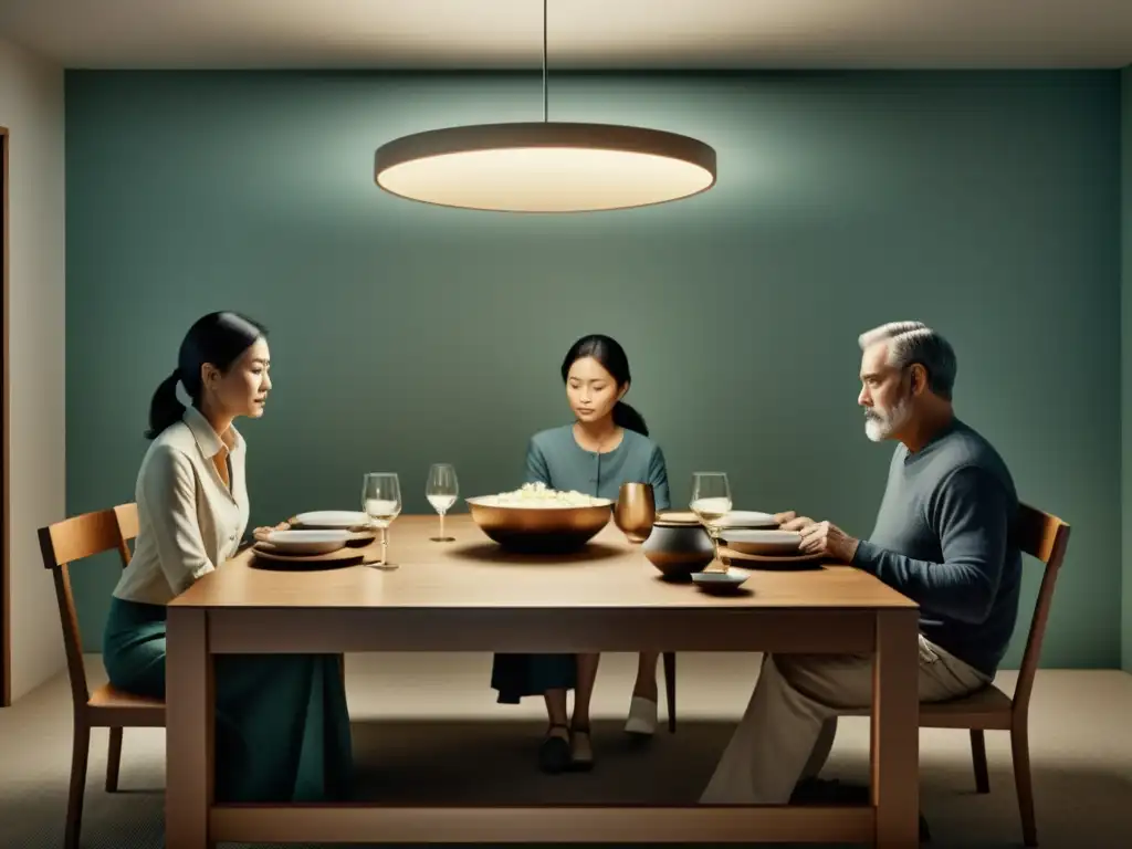 Ilustración minimalista de una familia fracturada en la cena Una ilustración minimalista muestra una familia fracturada en la mesa