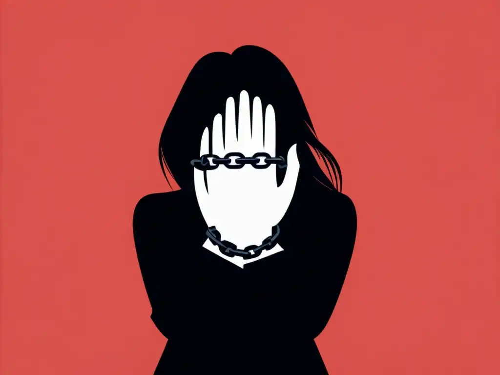 Ilustración minimalista de una figura sombría con cadenas en las muñecas, rodeada de símbolos ominosos