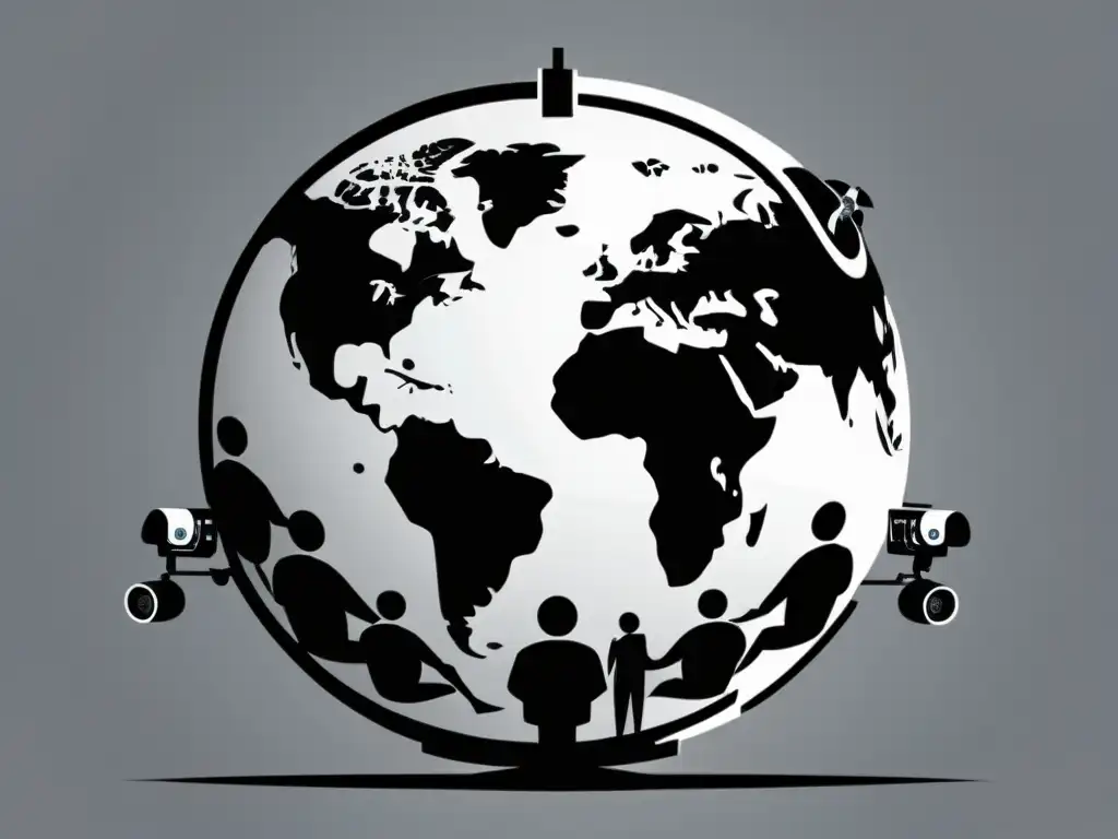Vigilancia global: Organizaciones internacionales Ilustración minimalista de un globo rodeado de cámaras de vigilancia de diferentes organizaciones internacionales, en blanco y negro