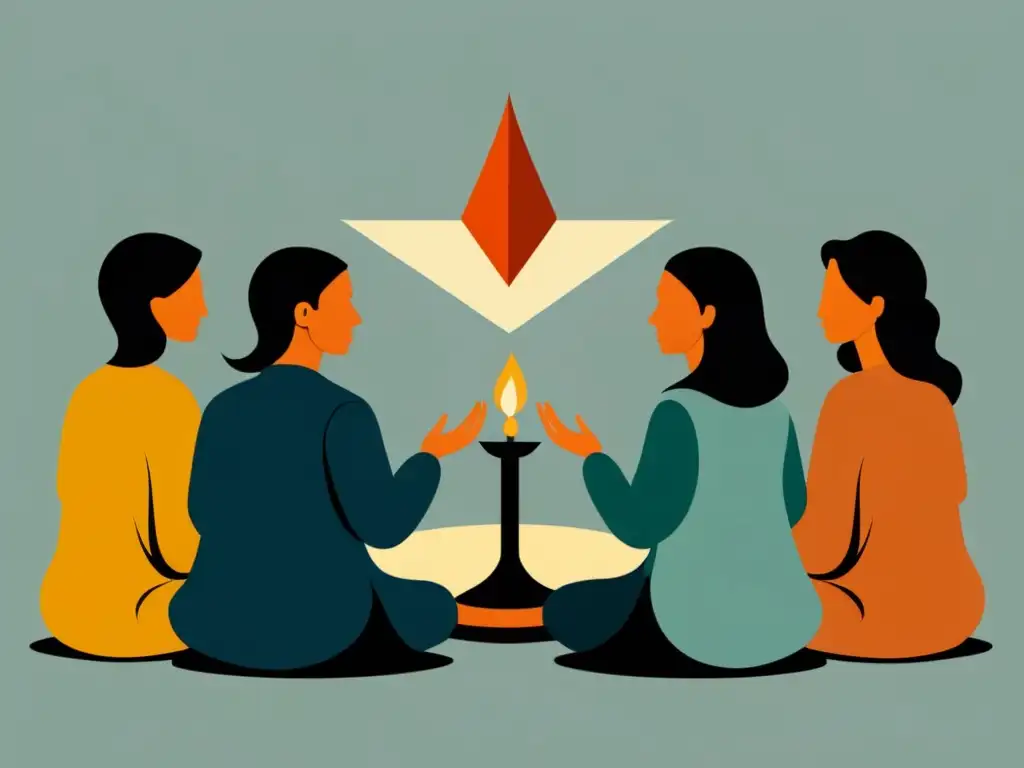 Ritual de culto: Poder y reverencia Ilustración minimalista de un grupo en ritual, con símbolos y posturas que definen poder en cultos