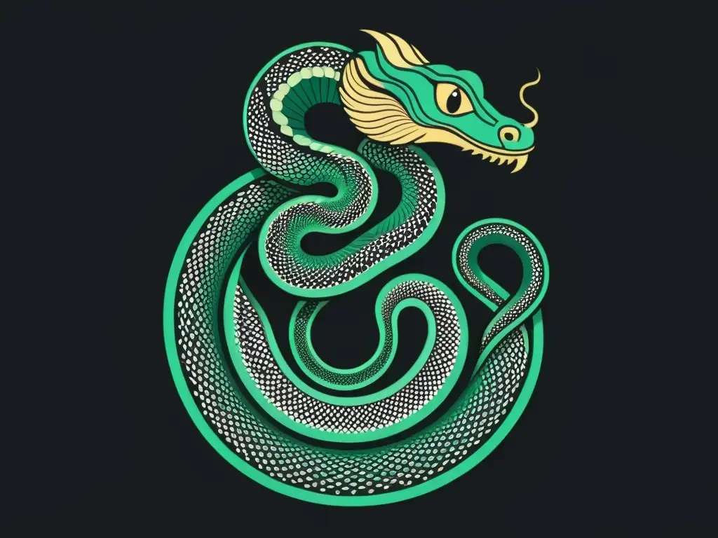 Serpiente mística: ilustración minimalista Una ilustración minimalista impactante de una serpiente enroscada, con escamas detalladas y un brillo iridiscente