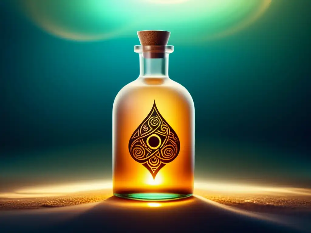 Botella de elixir misterioso: símbolos antiguos y brillo etéreo Ilustración minimalista de una misteriosa botella de elixir con símbolos antiguos y un resplandor místico, en un escenario de neblinas etéreas