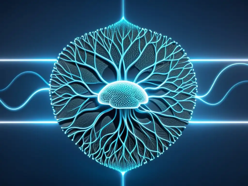 Redes neurales hipnóticas: pantalla digital azul Representación gráfica minimalista de una pantalla de computadora con intrincados caminos neurales iluminados en azul, creando un efecto hipnótico