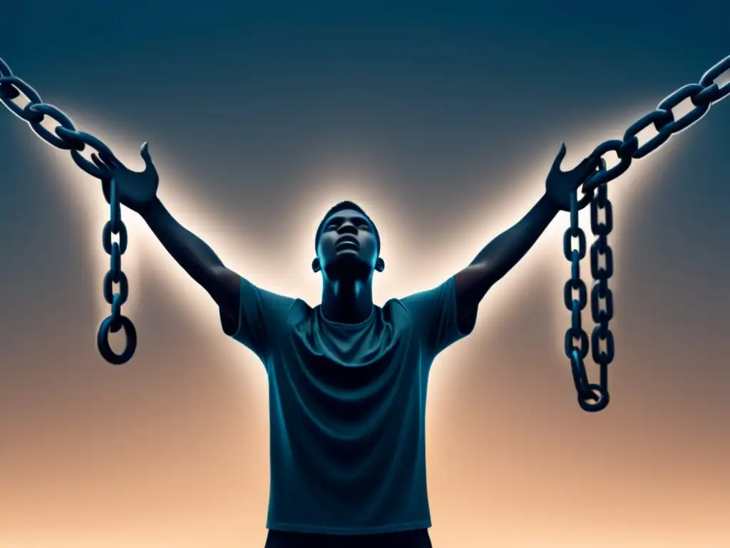 Superación del Síndrome de Estocolmo: Liberación y Fortaleza Ilustración minimalista de persona rompiendo cadenas, simbolizando superación del Síndrome de Estocolmo Espiritual exmiembros cultos