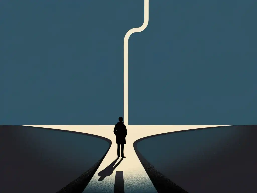 Ilustración minimalista de una persona en una encrucijada, entre un futuro brillante y la oscuridad