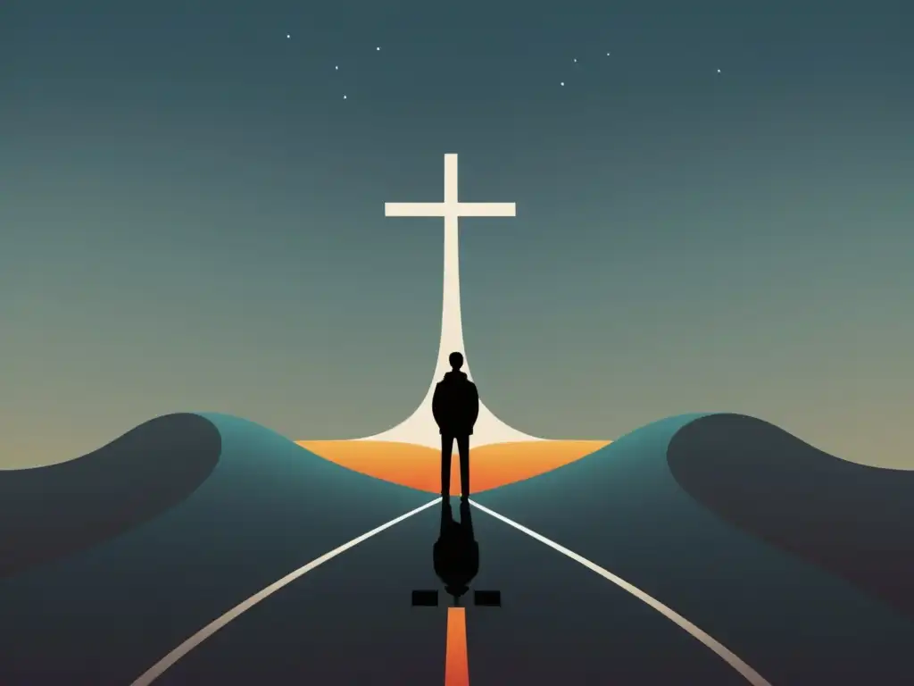 Dilema de lealtad en cultos: elegir entre luz y oscuridad Ilustración minimalista de una persona en una encrucijada entre la luz brillante y la oscuridad, simbolizando los peligros de lealtad a culto