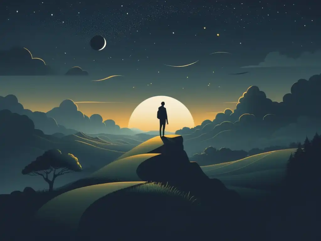 Una ilustración minimalista muestra a una persona saliendo de un espacio oscuro hacia un paisaje luminoso, con expresión de alivio y liberación