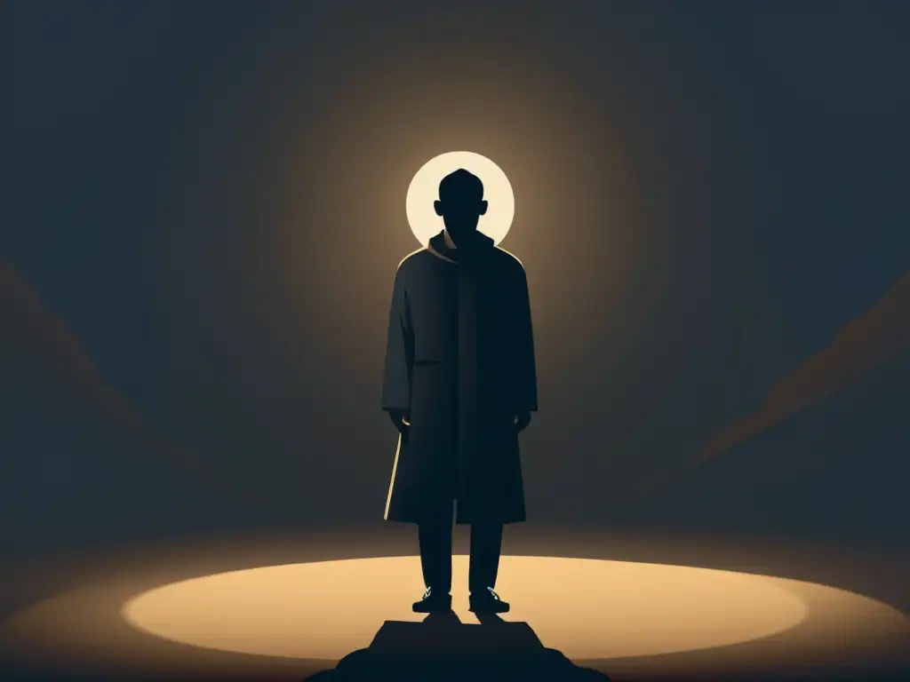 Figura resiliente frente a sombras sectarias Ilustración minimalista de una persona fuerte y resiliente, rodeada de sombras que simbolizan la influencia de sectas