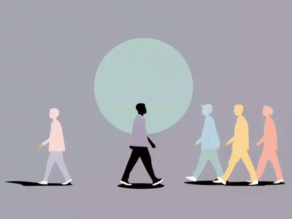 Salida de secta: Fortaleza emocional en ilustración 'Ilustración minimalista de una persona alejándose de un grupo, simbolizando la salida de una secta