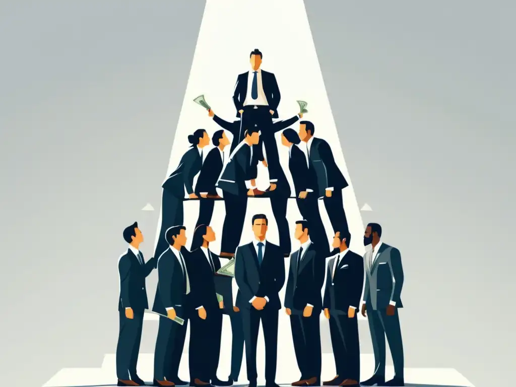 Esquema piramidal en traje de negocios: jerarquías y dinero Ilustración minimalista de personas en traje de negocios formando una pirámide humana, con una persona en la cima sosteniendo un maletín rebosante de dinero