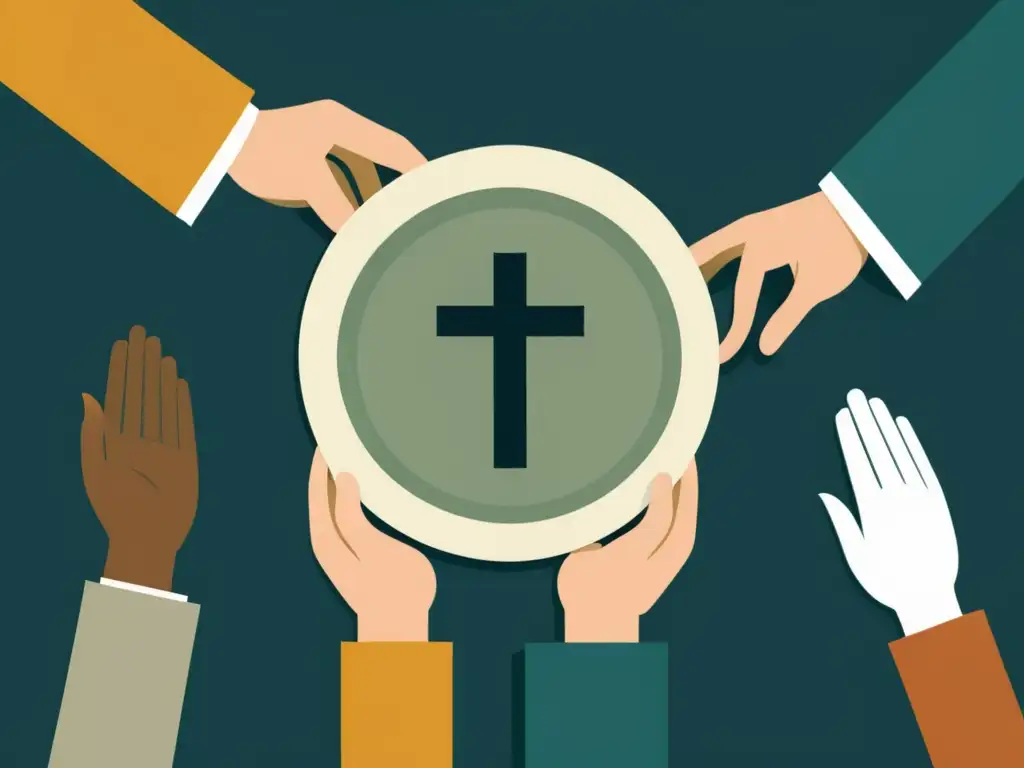 Ofrenda solemne: manos contribuyendo en la colecta religiosa Ilustración minimalista de plato de colecta pasando entre fieles, donando dinero